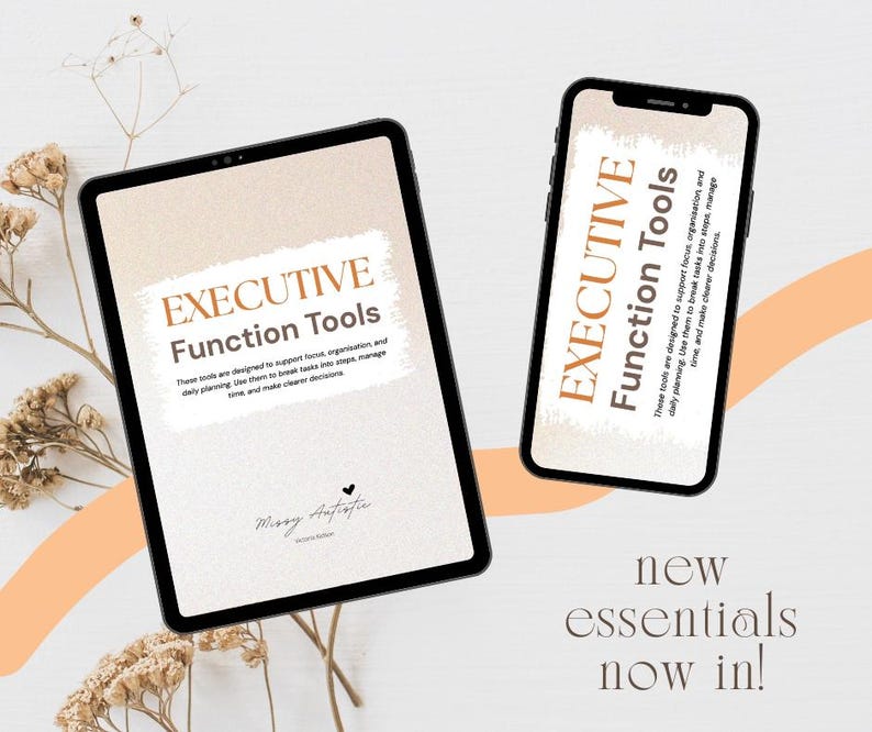 May include: A digital product advertisement featuring a tablet and a smartphone, both displaying the text "EXECUTIVE Function Tools." The text is in a warm brown hue against a cream background. The image also includes the text "new essentials now in!"