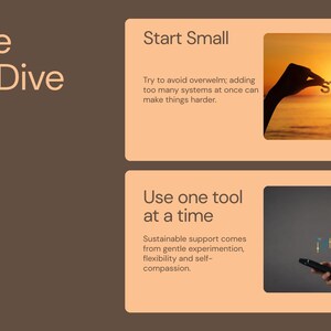 May include: A presentation slide with the text "Feature Deep-Dive." It includes two sections: "Start Small" with a sunset image and the word "START," and "Use one tool at a time" with a person using a digital interface.