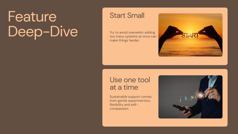 May include: A presentation slide with the text "Feature Deep-Dive." It includes two sections: "Start Small" with a sunset image and the word "START," and "Use one tool at a time" with a person using a digital interface.
