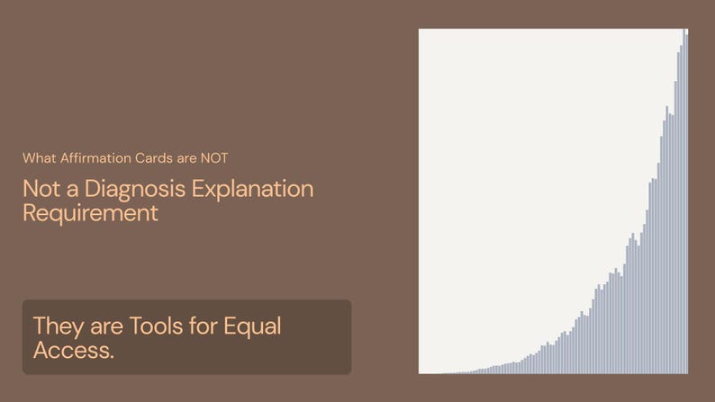 May include: A graphic with text stating "What Affirmation Cards are NOT: Not a Diagnosis Explanation Requirement. They are Tools for Equal Access." A light-colored graph rises on the right side of the image.