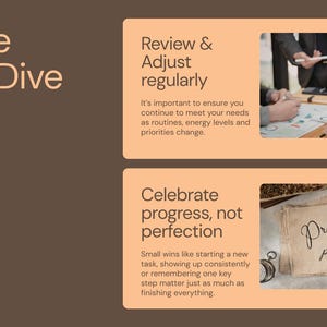 May include: A brown graphic with the text "Feature Deep-Dive." It includes two rectangular boxes with text and images. One box says "Review & Adjust regularly" and the other says "Celebrate progress, not perfection."