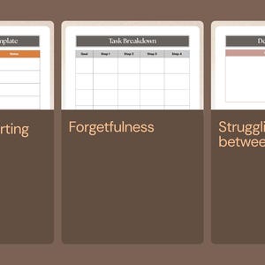 May include: Three templates for time management, task breakdown, and decision-making are displayed. Each template is on a white background with a brown border. The text below each template describes common challenges: difficulty starting tasks, forgetfulness, and struggling to switch between tasks.