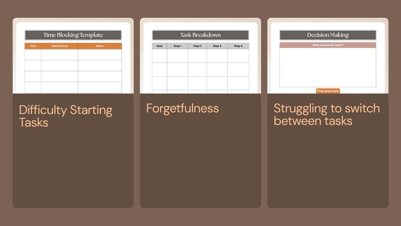 May include: Three templates for time management, task breakdown, and decision-making are displayed. Each template is on a white background with a brown border. The text below each template describes common challenges: difficulty starting tasks, forgetfulness, and struggling to switch between tasks.