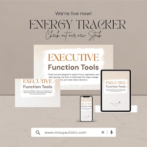 May include: An advertisement for "Executive Function Tools" with the text "We're live now!" and "Check out our new Stock." The image features a tablet, phone, and printouts displaying the product name and description. The website address is www.missyautistic.com.