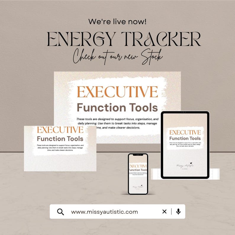 May include: An advertisement for "Executive Function Tools" with the text "We're live now!" and "Check out our new Stock." The image features a tablet, phone, and printouts displaying the product name and description. The website address is www.missyautistic.com.