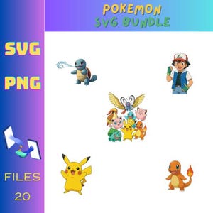 May include: A digital art bundle featuring various Pokémon characters, including Pikachu, Squirtle, and Charmander. The image includes the text "POKEMON SVG BUNDLE" and "SVG PNG FILES 20". The characters are in a cartoon style.
