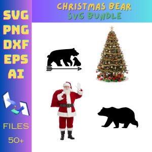 Könnte beinhalten: Ein weihnachtliches SVG-Bundle mit einem geschmückten Weihnachtsbaum, einer Illustration des Weihnachtsmanns und Bärensilhouetten. Das Bild enthält auch den Text "Christmas Bear SVG Bundle" und Dateitypoptionen.
