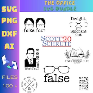 Puede incluir: Un paquete SVG digital con gráficos y texto de la serie de televisión "The Office". Incluye imágenes de personajes, citas y frases como "false fact" y "Dwight, you ignorant slut". También incluye el texto "Scott '20 Schrute".