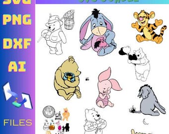 May include: A digital art bundle featuring Winnie the Pooh characters in various poses and styles. Includes illustrations of Pooh, Piglet, Eeyore, and Tigger. The image also includes the text "WINNIE THE POOH SVG BUNDLE" and file type indicators: SVG, PNG, DXF, AI, and "FILES 100+".