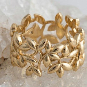 Ring i 925 sterlingsilver, förgylld olivbladsring | Botanisk vinrankdesign | Naturinspirerade smycken, naturring, present till henne