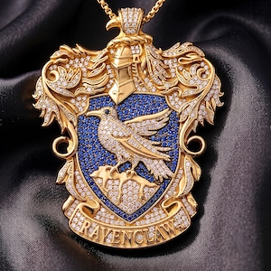 Ravenclaw Crest Pendant 925 Sterling Silver, Magical Wizard House Necklace, Gold Plated Eagle Shield, Fantasy Fan Jewelry Gift for her/him.