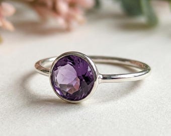 Sterling Silver Amethyst Ring, Faceted Purple Gemstone, Bezel Set