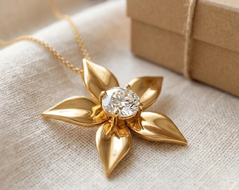 Gold Flower Pendant Necklace – Dainty Zircon Floral Charm