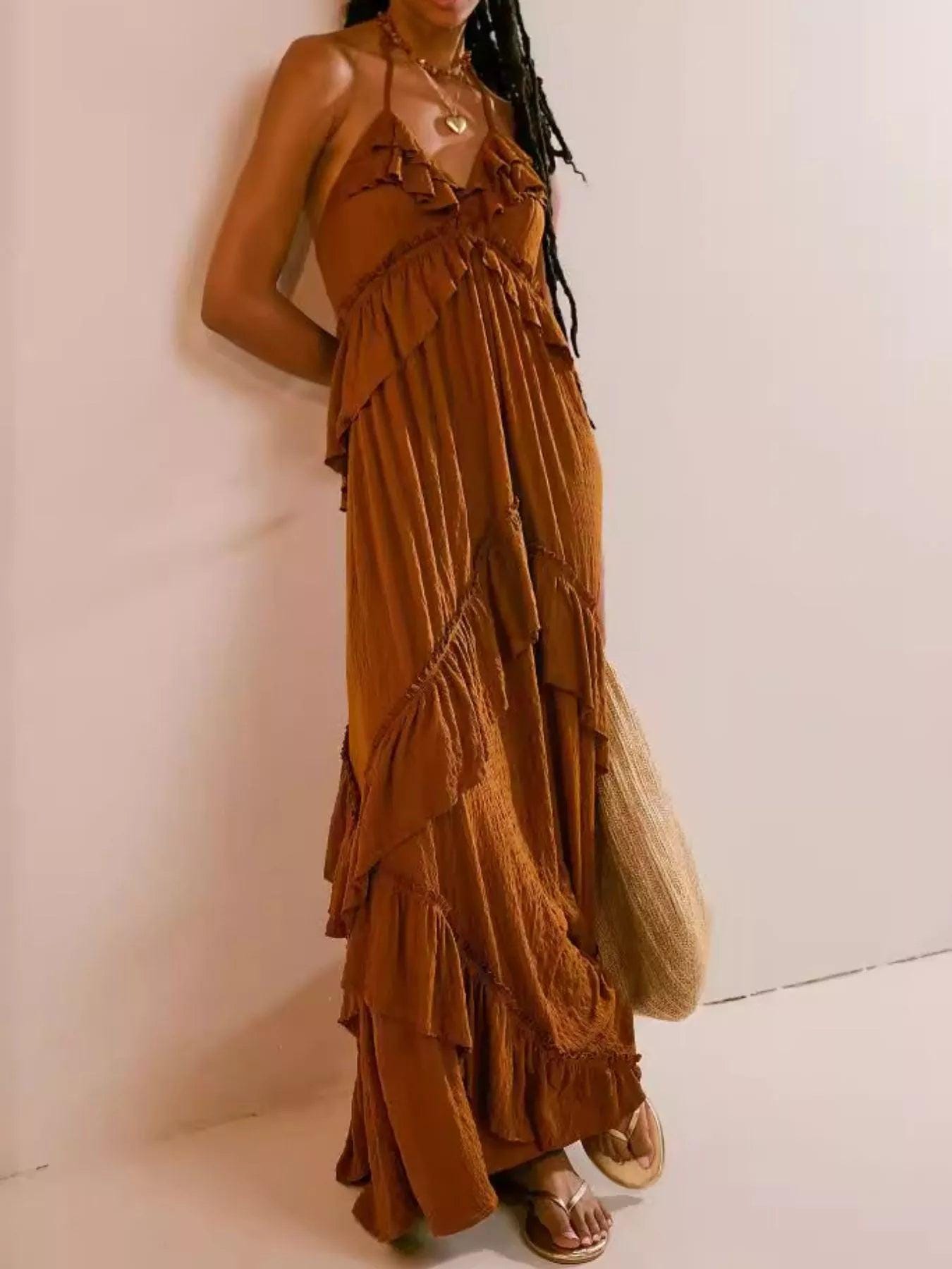 knee length dresses for ladies Chocolate Brown Crystal-embellished Maxi Dress S