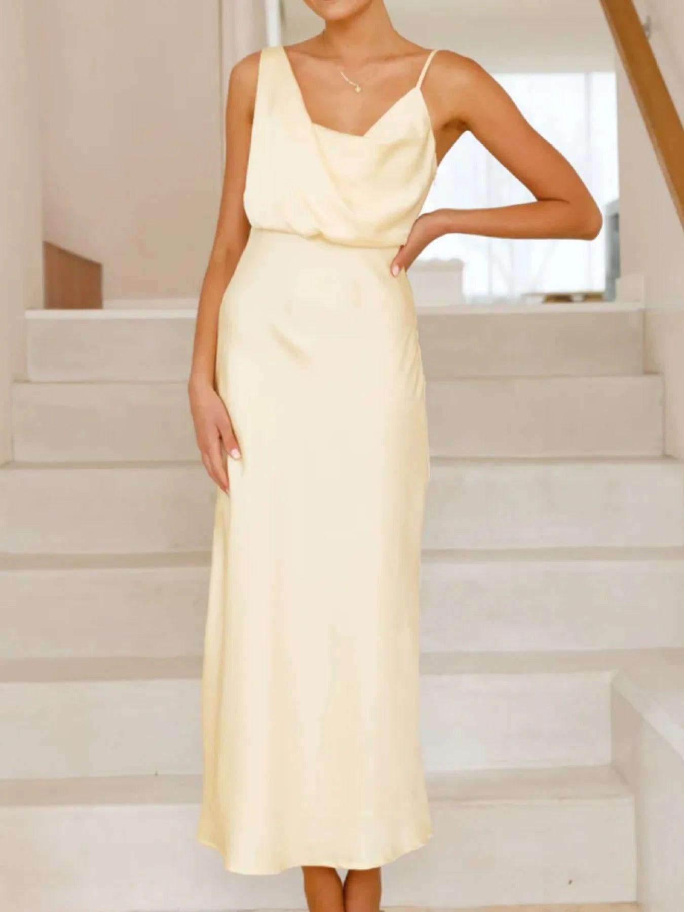 knee length dresses for ladies Pleated Satin Asymmetric Midi Dress – John Paul Ataker main image 1