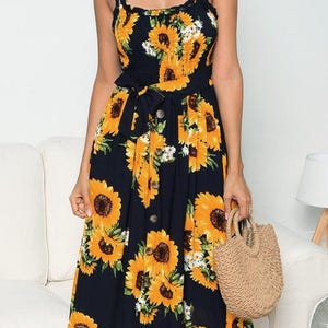 knee length dresses for ladies Sunflower Print Button Down Sleeveless Dress