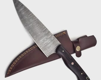 Cuchillo de chef de Damasco / Opciones de mango: hueso, madera y negro / Espiga completa / Incluye funda de cuero