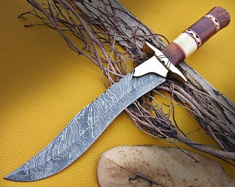 Cuchillo artesanal de acero de Damasco / Mango de hueso natural y madera / Cuchillo para camping y actividades al aire libre con funda