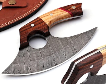 Cuchillo Ulu de Damasco forjado a mano / Cuchillo multiusos de cocina para picar, trocear y cortar carne