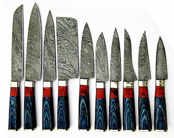 Juego de cuchillos de cocina de acero de Damasco hechos a mano (10 piezas) / Colección de cuchillos de chef profesionales