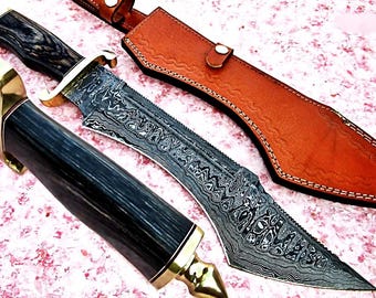 Cuchillo de arte de acero de Damasco hecho a mano con funda de cuero / Regalo coleccionable para entusiastas de las actividades al aire libre