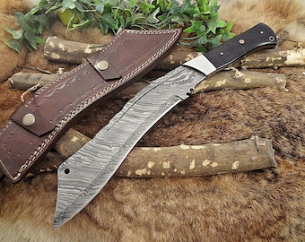 Cuchillo Kukri de Damasco forjado a mano / Herramienta para supervivencia al aire libre, bushcraft y caza