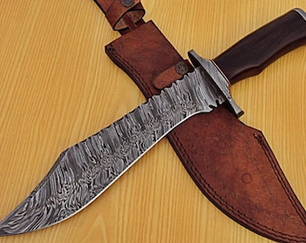 Cuchillo de supervivencia artesanal de acero de Damasco / Hoja Bowie curva y mango de madera / Regalo para amantes de la naturaleza