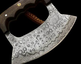 Cuchillo Ulu único de acero de Damasco / Hoja forjada a mano / Mango de micarta / Herramienta de cocina y camping