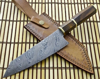 Cuchillo de chef de lujo en acero de Damasco / Hoja forjada a mano / Funda de cuero / Regalo de cocina personalizado