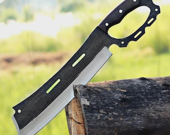 Cuchillo de carnicero curvo forjado artesanalmente / Bushcraft, barbacoa y uso general al aire libre / Funda de cuero hecha a mano