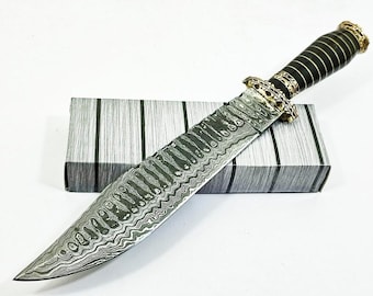Cuchillo Bowie de acero de Damasco hecho a mano – Hoja forjada a medida con elegante guarda y funda de cuero