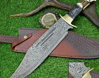 Cuchillo de Damasco forjado a medida – Bowie grande para exteriores con refuerzo de latón y funda de regalo