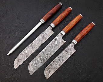 Juego de cuchillos de cocina de acero de Damasco hechos a mano / Colección de 4 cuchillos de chef con mangos de madera