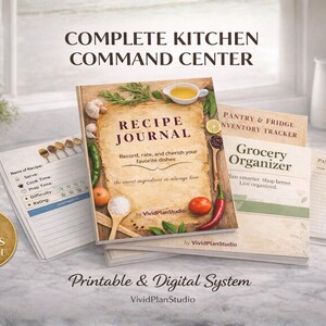 May include: A kitchen command centre bundle with a recipe journal, pantry and fridge inventory tracker, and grocery organiser. The recipe journal includes the text "Record, rate, and cherish your favourite dishes." The bundle includes 36 pages and is a printable and digital system.