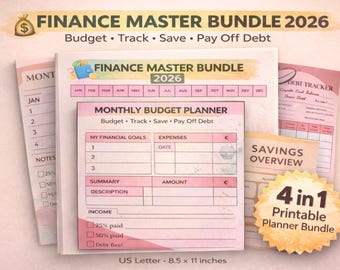 May include: A collection of printable financial planners, including a monthly budget planner, debt tracker, and savings overview. The main planner is labeled "Finance Master Bundle 2026" and is US Letter size, 8.5 x 11 inches.