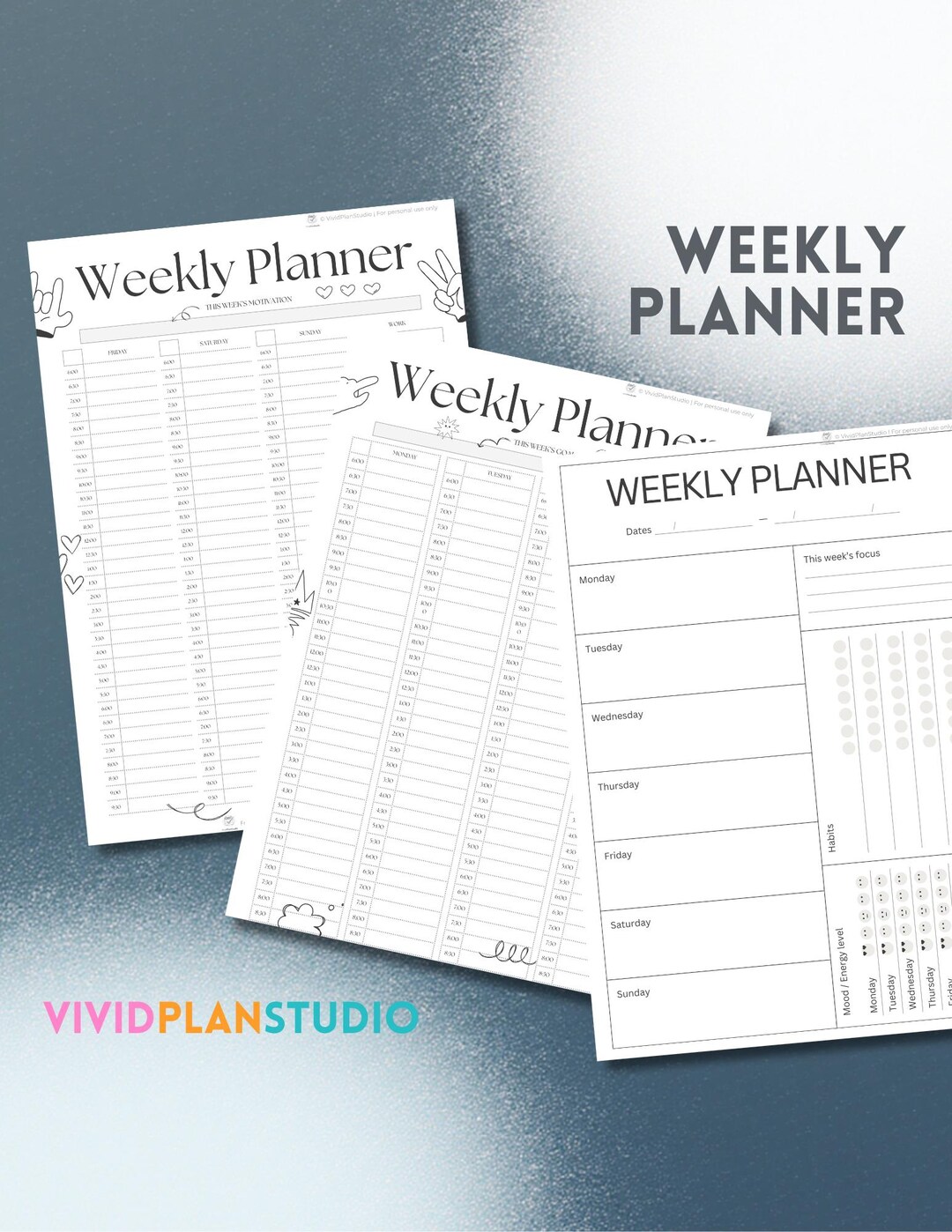Black and White Weekly Planner Printable Time Block Schedule Habit ...