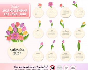 May include: A 2027 digital calendar set featuring twelve monthly pages, each illustrated with a unique tulip in a cream-coloured vase. The design includes a large bouquet cover page labelled Calendar 2027, with text indicating PDF, SVG, and PNG file formats.