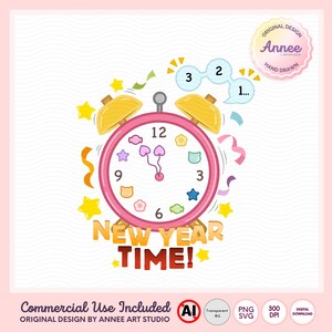 May include: A pink alarm clock illustration with yellow bells and the words "NEW YEAR TIME!". The clock face has decorative shapes and the time is almost midnight. Includes the text "Commercial Use Included".