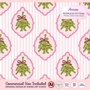 May include: A seamless pattern featuring a repeating design of mistletoe sprigs with red berries and a red bow, set within a pink frame. The background has vertical pink and white stripes. The text "Annee ART STUDIO SEAMLESS PATTERN ORIGINAL DESIGN HAND DRAWN" is visible.