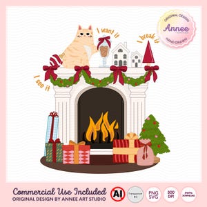 Puede incluir: Ilustración festiva de una chimenea decorada para Navidad. Un gato está sentado encima de la chimenea, con el texto "I want it" y "I see it". Regalos, un árbol de Navidad y una guirnalda con lazos rojos completan la escena.