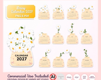 May include: A 2027 calendar set featuring twelve monthly pages and a cover page, each displaying a beige jar with white daisy illustrations. The text reads Daisy Calendar 2027 PNG & PDF, Calendar 2027, and includes month names from January to December.