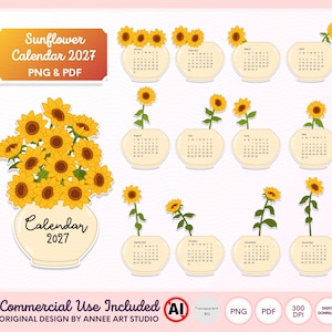 Printable 2027 Calendar, Sunflower Vase Calendar, Desk Decor, Layered Paper Craft, DIY Printable Calendar, PNG PDF Download image 1