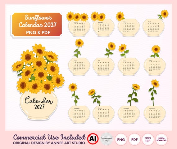 Printable 2027 Calendar, Sunflower Vase Calendar, Desk Decor, Layered Paper Craft, DIY Printable Calendar, PNG PDF Download