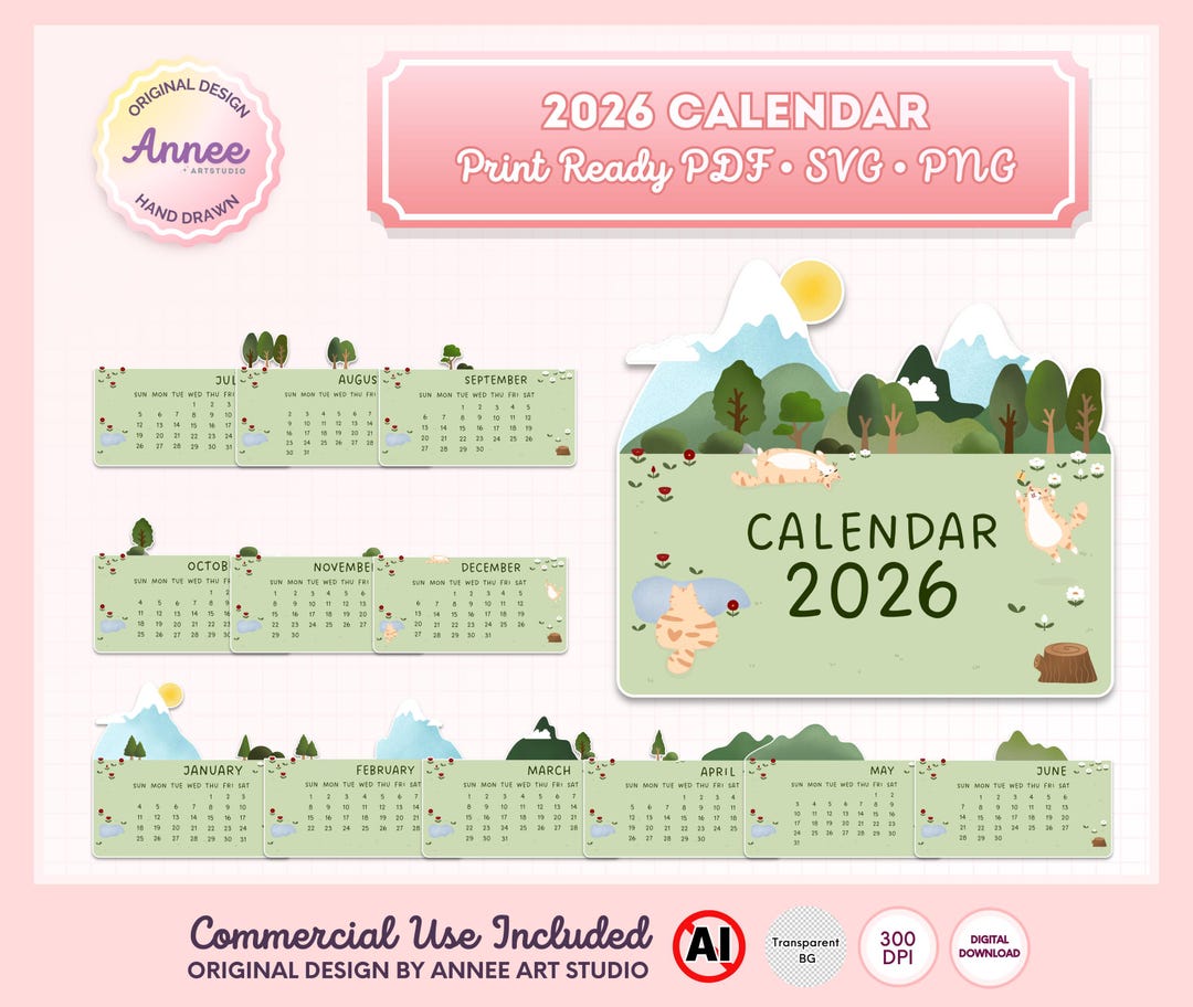 Printable 2026 Calendar Cat Nature Theme for Home Decor, Cute Forest ...