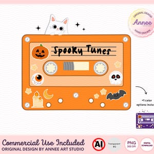 Halloween Cassette Tape Clipart | Spooky Tunes Retro Tape PNG, Cute Halloween Cat and Pumpkin Illustration | Cute Halloween Digital Download