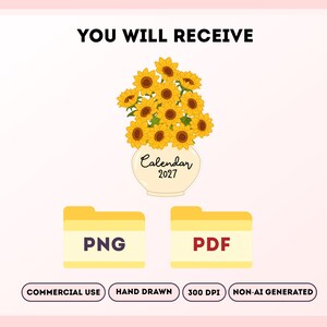 Printable 2027 Calendar, Sunflower Vase Calendar, Desk Decor, Layered Paper Craft, DIY Printable Calendar, PNG PDF Download image 2