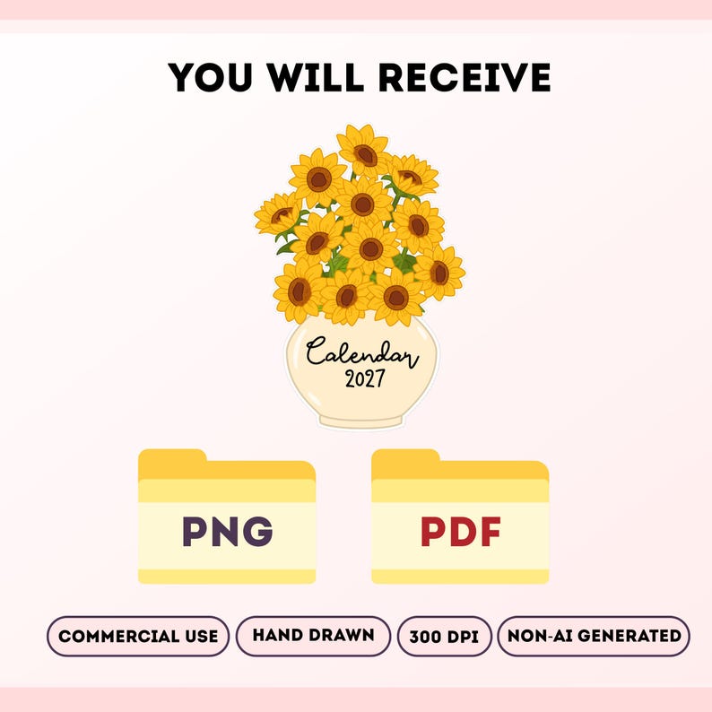 Printable 2027 Calendar, Sunflower Vase Calendar, Desk Decor, Layered Paper Craft, DIY Printable Calendar, PNG PDF Download image 2