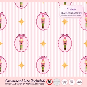 May include: Seamless pattern featuring a repeating design of a nutcracker soldier in a pink oval frame with a bow, set against a striped pink background. Gold stars are interspersed throughout the design. The text "Annee" and "Seamless Pattern" are visible.