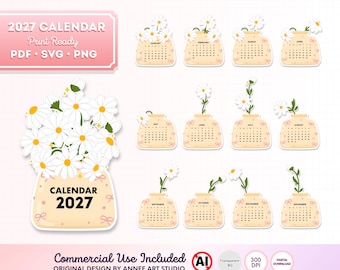 May include: A 2027 calendar set featuring twelve monthly designs, each displaying a beige jar with white daisy illustrations. The main graphic shows a large bouquet of daisies in a jar labelled CALENDAR 2027. Text includes 2027 CALENDAR, Print Ready, PDF, SVG, PNG, and Commercial Use Included.
