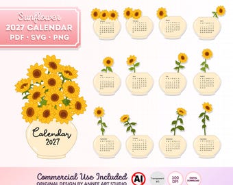 May include: A digital Sunflower 2027 Calendar set featuring a large vase filled with sunflowers and twelve individual monthly calendar pages, each displayed in a cream-coloured vase with a single sunflower stem, including text labels for each month.